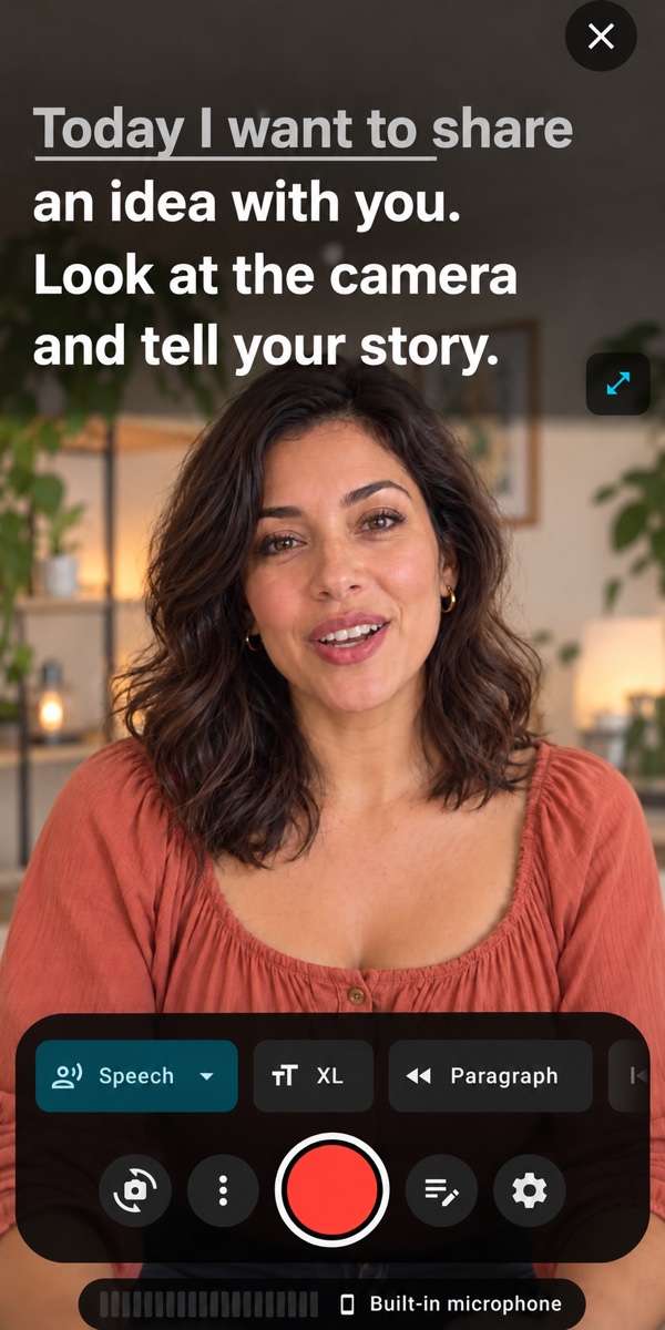 CueCam Android recording interface with a creator reading a script to camera