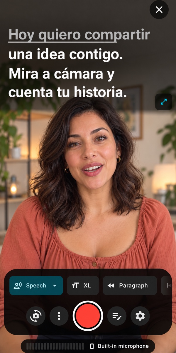 Interfaz de grabación de CueCam Android con una creadora leyendo el guion frente a cámara